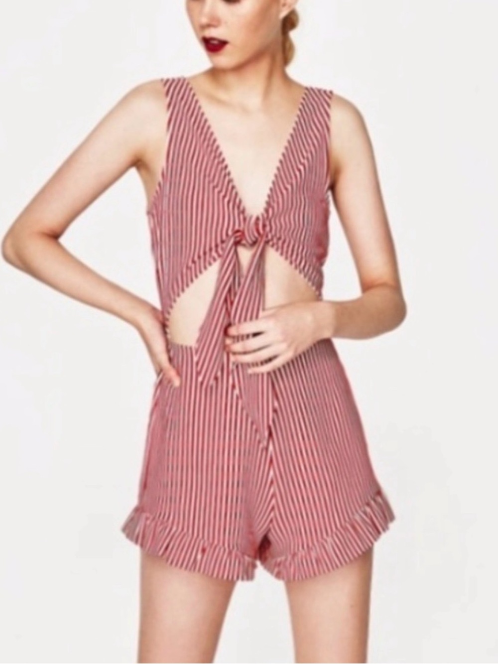 Zara Red and White Striped Romper Small